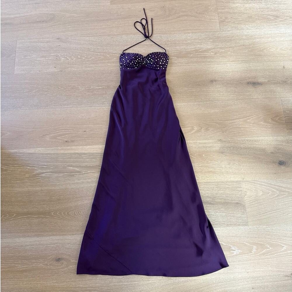 Azazie Maxi Dress Satin Beaded Valerinaire Grape Vacation Size US 0 Purple